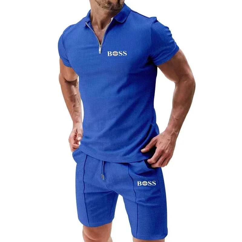 Europe and the United States men short sleeve shorts casual suit summer Waffle solid color casual loose lapel T-shirt suit men - Ellianto fashion Men's