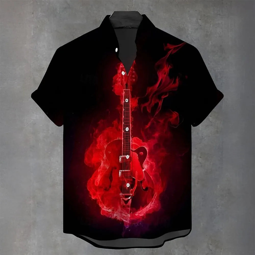 Summer 3D Guitar Print Short-Sleeve Shirt – Lightweight Comfort and Effortless Beach Holiday Style for the Modern Gentleman