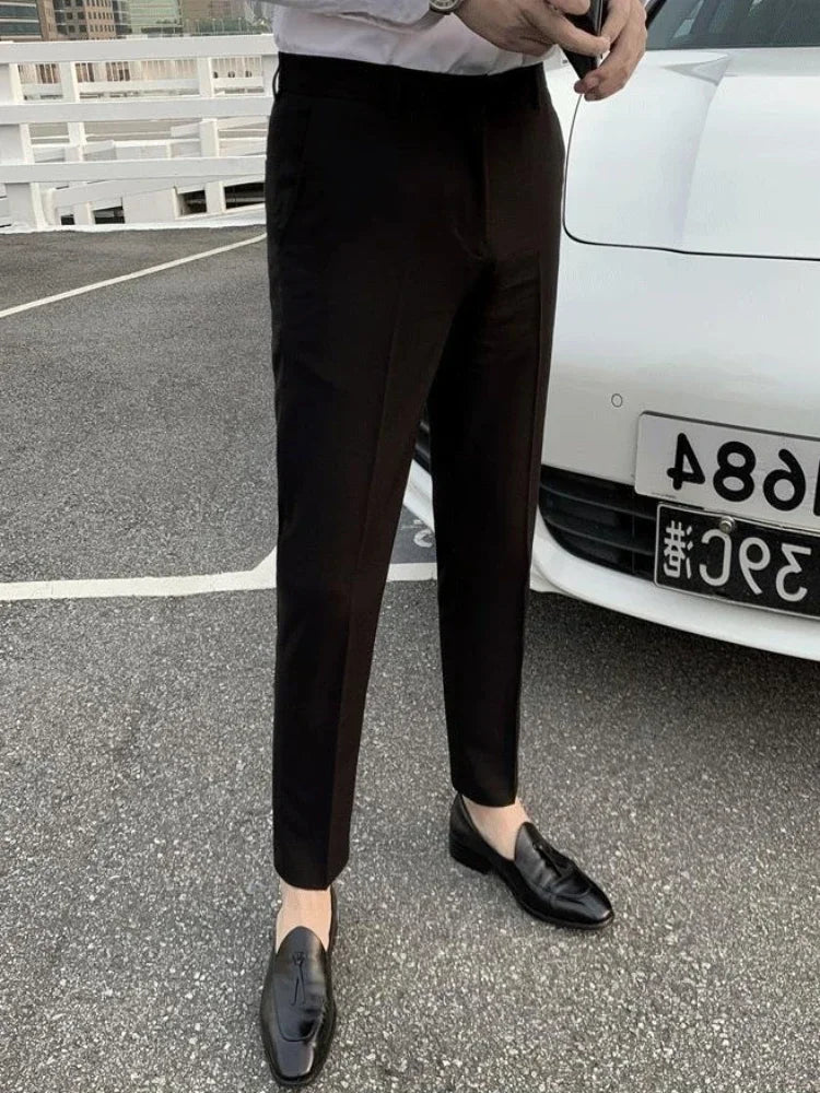 2025 Tressed Male Suit Trousers White Slim Fit Men's Summer Pants Straight 2024 Luxury Formal Work Wear New In Fabric Elegant Luxury - Ellianto fashion Men's