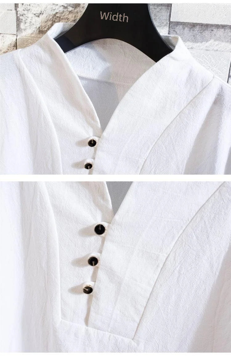 Linen Suit Men's Summer Short Sleeve Hanfu Ancient Buddhist System Zhenshi V-neck T-shirt Cotton Linen 2-piece Set - Ellianto fashion Men's
