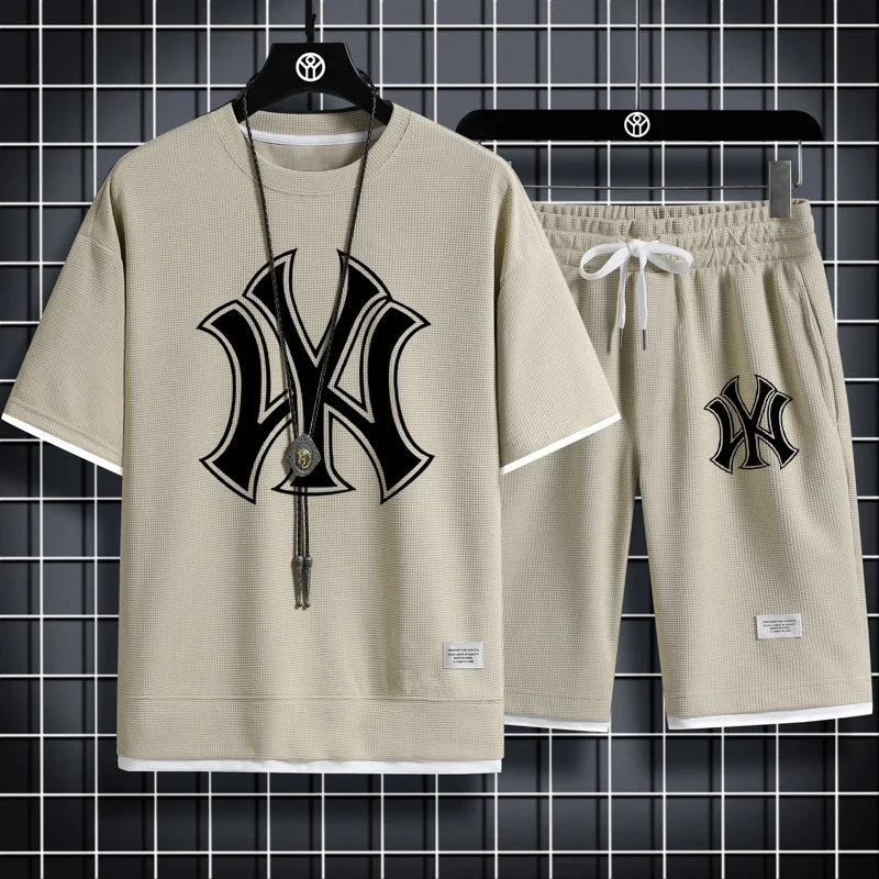 Set New summer men's fashion clothing: short-sleeved men's sportswear, Korean-style sportswear, waffle checkered two-pie - Ellianto fashion Men's