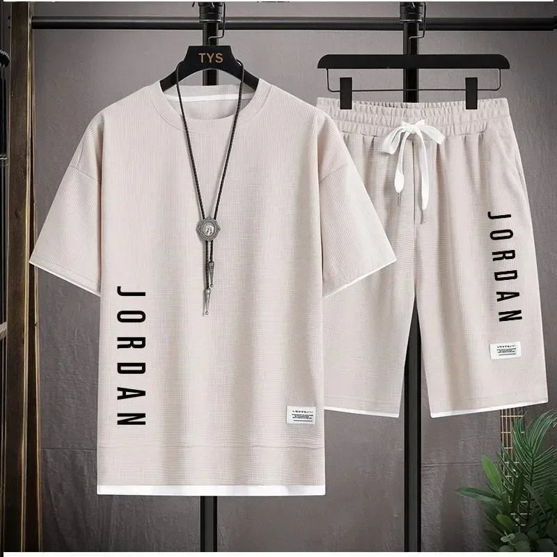 2025 Elegant casual T-shirt and shorts set for men's sports suit loose and comfortable summer waffle set for men - Ellianto fashion Men's