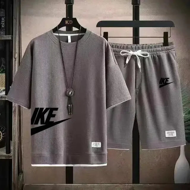 2025 Men's breathable short-sleeved T-shirt + jogging shorts two-piece summer fashion quick-dry fitness leisure sports suit - Ellianto fashion Men's