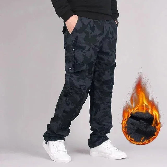 Winter Thick Fleece Casual Pants Men Cotton Hunting Tactical Baggy Cargo Pants Double Layer Warm Thermal Straight Long Trousers