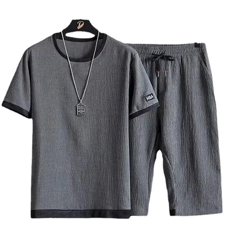 Summer Casual Ice Silk Short Sleeve T-Shirt Shorts Set for Men Fashionable Two-Piece Suit Lightweight Male Clothing Ensemble - Ellianto fashion Men's