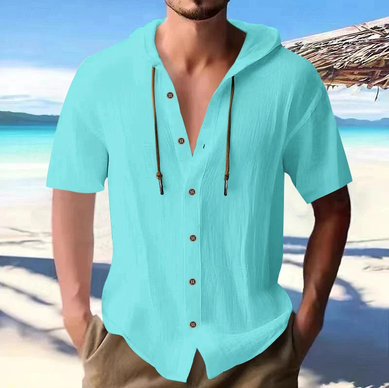 Cross-border men's solid color casual short-sleeved shirt with hooded drawstring cotton hemp cardigan with loose T-shirt - Ellianto fashion Men's