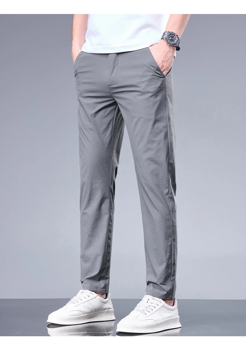 Summer New Business Ice Silk Pants Straight Elastic Waist Black Gray Trousers Breathable Simple Male Clothing Casual Suit Pants - Ellianto fashion Men's
