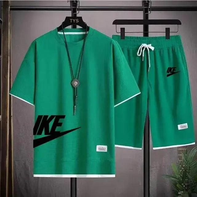 2025 Men's breathable short-sleeved T-shirt + jogging shorts two-piece summer fashion quick-dry fitness leisure sports suit - Ellianto fashion Men's