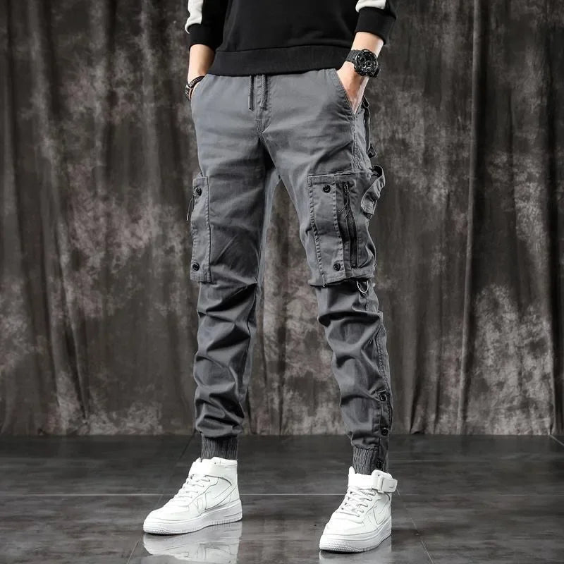 Trendy Men's Spring Autumn Cargo Pants Slim Fit Casual Style Loose Fit American Style Multiple Pocket Small Foot Pants Black - Ellianto fashion Men's