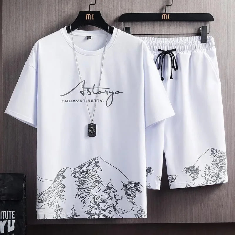 Men’s Ice Silk Gradient Set – Lightweight Short-Sleeve Tee & Casual Shorts for Summer Comfort and Sporty Style