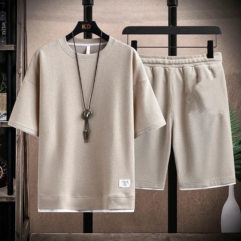 Casual Men's Sportswear Set Summer Short Sleeve Drawstring Shorts Loose Five-Quarter Pants Thin Male Outfit Two-Piece Suit - Ellianto fashion Men's