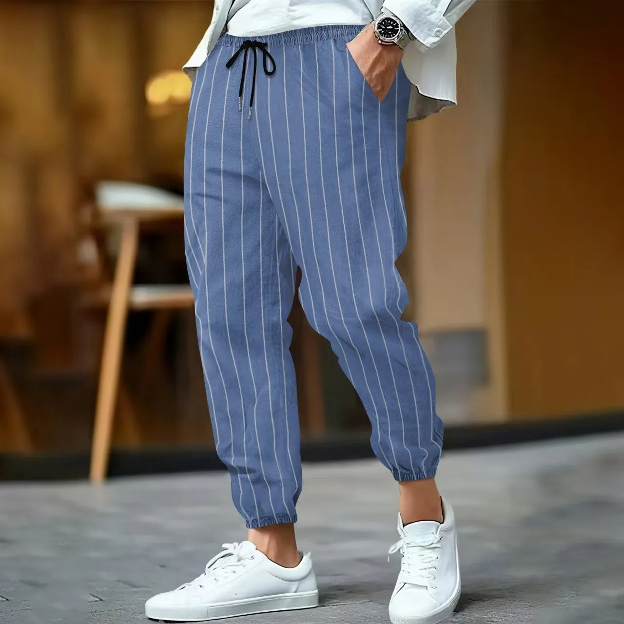 Men's Striped Casual Cotton Linen Blend Trousers Loose Fit Breathable Fashionable Sport Pants Street Versatile Trousers - Ellianto fashion Men's