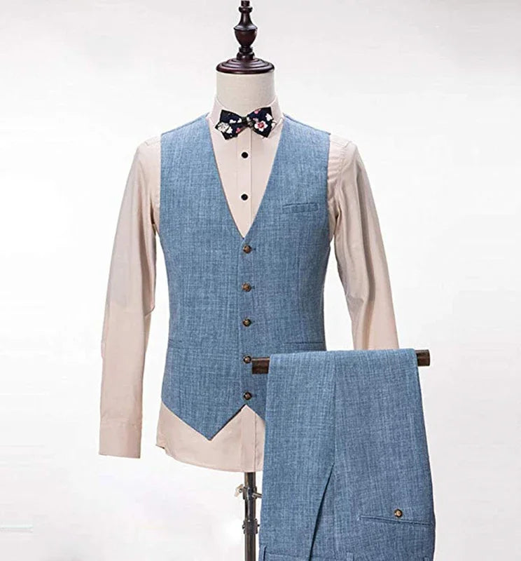 3 Pieces New Design Light Blue Linen Suit for Men Formal Wedding Prom Set Slim Fit Jacket Best Man Tuxedos Costume Homme Suit