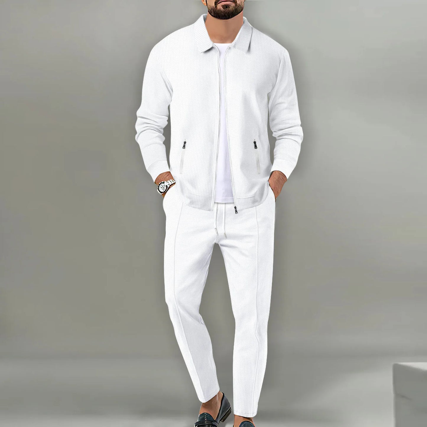 Set Autumnwinter men's casual blazer set new fashion Waffle baseball suit round neck pocket zipper long sleeve trousers two-piece se - Ellianto fashion Men's