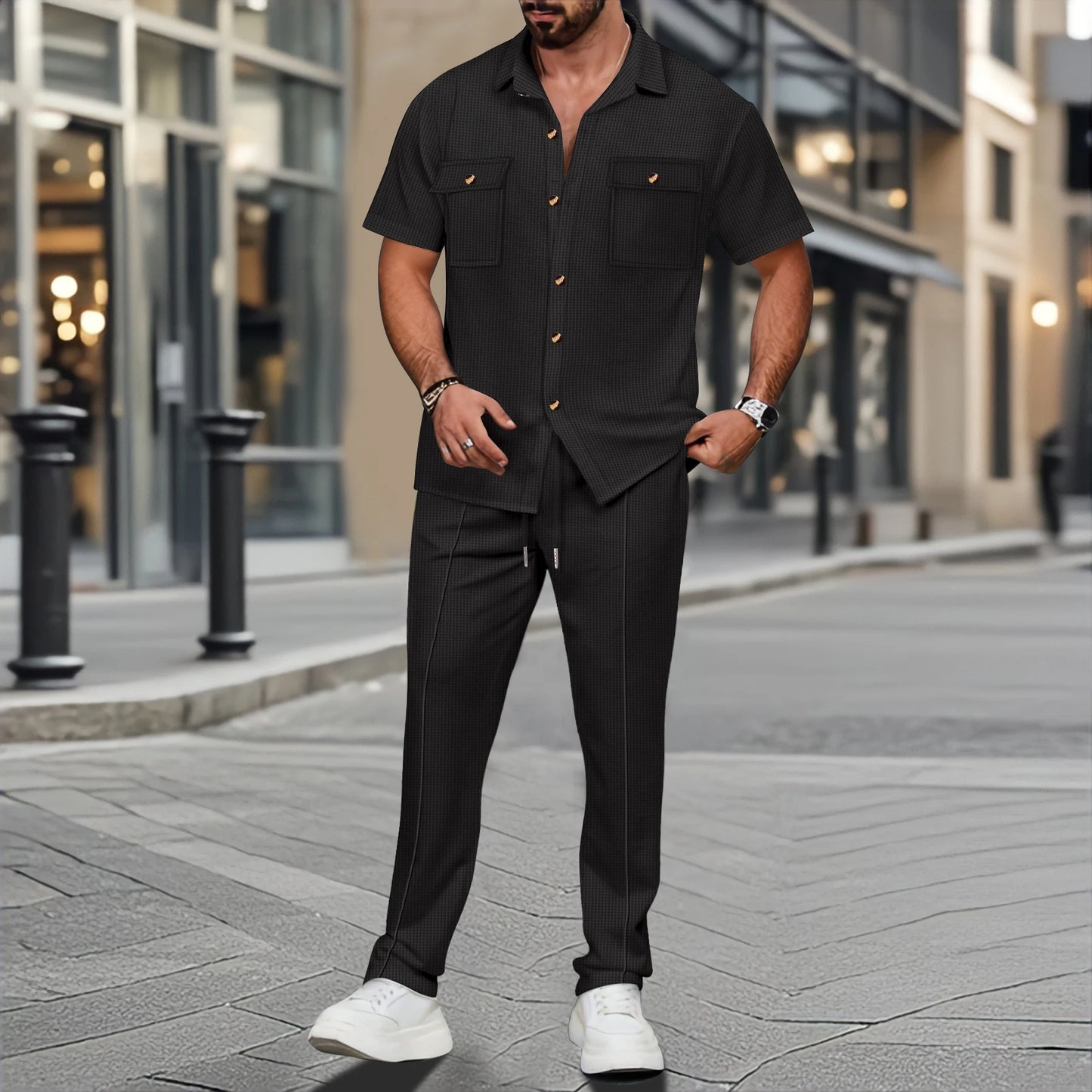 2025 Men's summer new solid color button chest double pocket shirt short sleeve trousers casual two sets - Ellianto fashion Men's