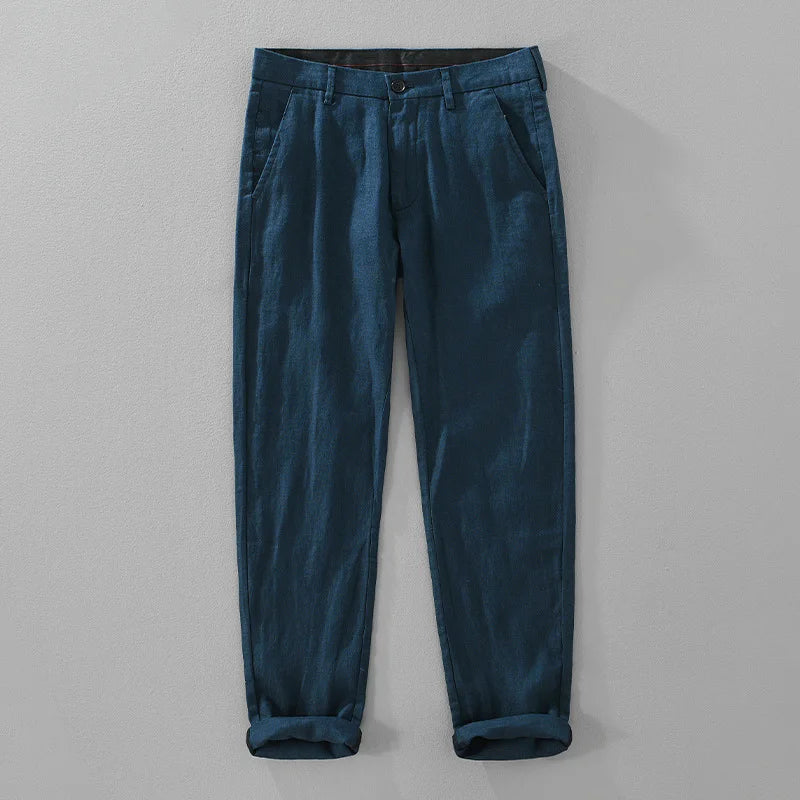 2025 Summer New Casual Pure Linen Slim Pants for Men Clothing Solid Color Slim-fit Straight Trousers EC8175 - Ellianto fashion Men's