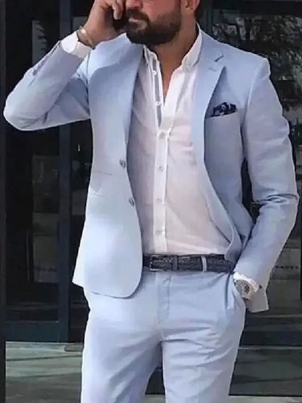 2 Piece2024 Custom Sky Blue Men's Suits Casual Summer Tuxedo Slim Fit Blazer Beach Wedding Jacket Set Traje Formal Para Hombre