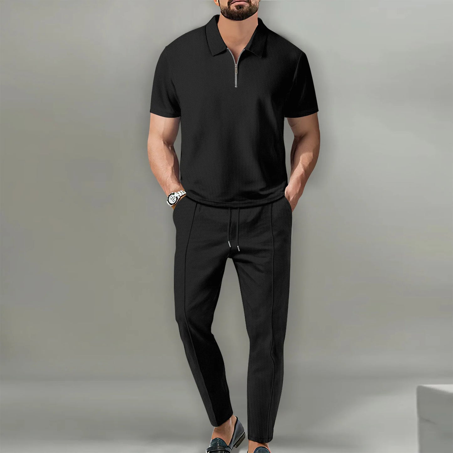 2025 New Men's POLO Shirt 2 Sets Casual Fashion Commercial Breathable Lapel, Pants pull rope Solid Color Men 2 sets - Ellianto fashion Men's