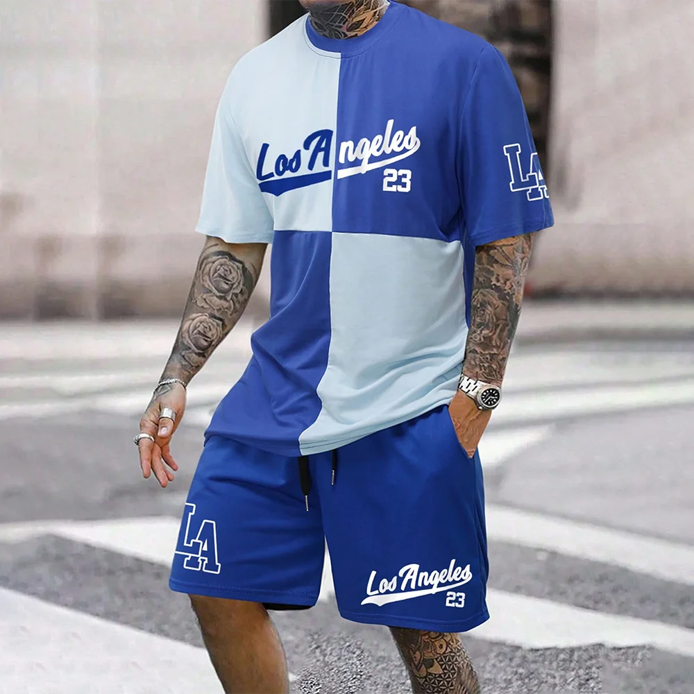 Set Men's Color-Block Los Angeles 23 Print Tracksuit LA Two Piece Outfit for Men T-shirt & Shorts Suit Street Fashion Summer Wear - Ellianto fashion Men's