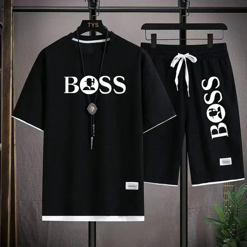 Men's luxury sportswear set casual fitness T-shirt and shorts 2-piece set with short sleeves summer 2025 - Ellianto fashion Men's
