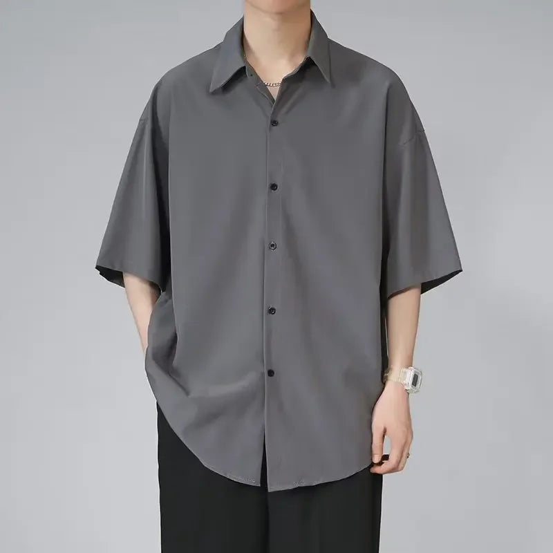 Men's Ice Silk Short Sleeve Shirt Casual Loose Fit Korean Style Trendy Black Shirt For Summer Thin Sleeve Casual - Ellianto fashion Men's