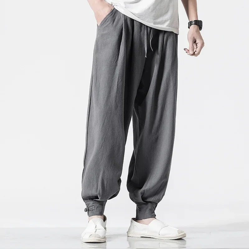 Loose-fit Cotton Linen Men's Women's Monk Pants No Tying Required Casual Spring Summer Long Pants For Zen Meditation - Ellianto fashion Men's