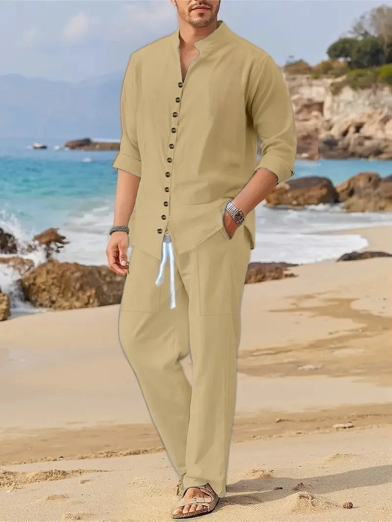Men's Fashionable Cotton Linen Shirt Set with Cuban Pocket Long Sleeve Casual Two-Piece Suit Spring Autumn 100% Natural Fiber - Ellianto fashion Men's