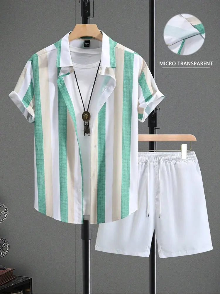 Set New Palm Leaf Print Men's Casual Shirt Hawaiian Men's Beach Shorts Summer Everyday Short-sleeved Shirt And Sports Shorts Set - Ellianto fashion Men's