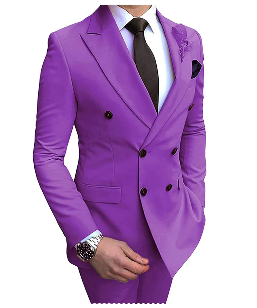 2025 New Beige Men's Suit 2 Pieces Double Breasted Notch Lapel Flat Slim Fit Casual Tuxedos For Wedding(Blazer+Pants)