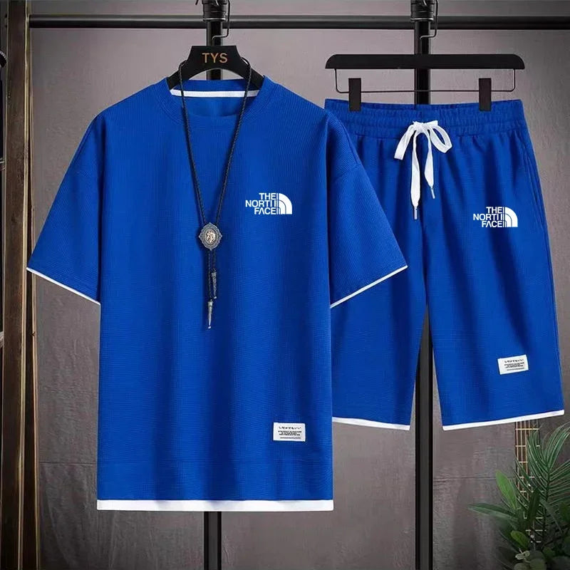 Set 2025 Summer Men's fashion breathable short-sleeved T-shirt + jogging Shorts two-piece fitness training suit Casual set - Ellianto fashion Men's