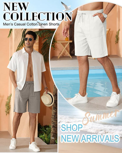 3 Pack Men's Linen Shorts, Cotton Casual Elastic Waist Drawstring Shorts Summer Golf Clothes with Pockets - Ellianto fashion Men's