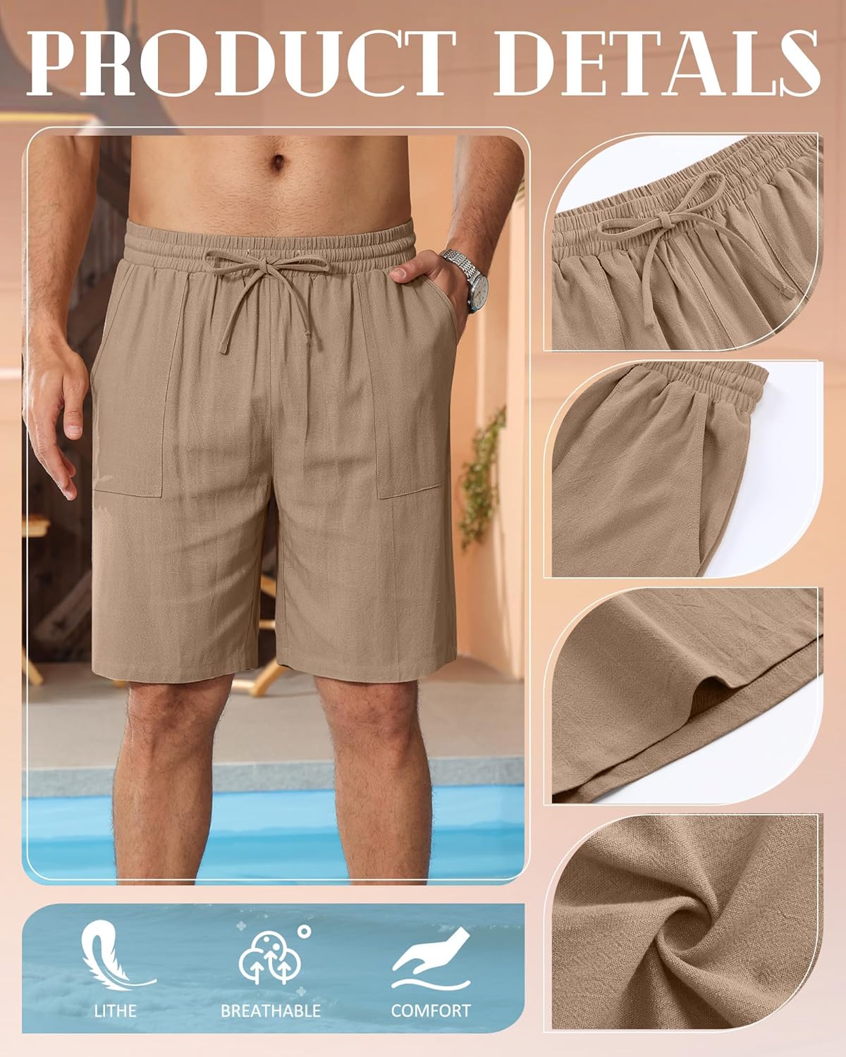3 Pack Men's Linen Shorts, Cotton Casual Elastic Waist Drawstring Shorts Summer Golf Clothes with Pockets - Ellianto fashion Men's