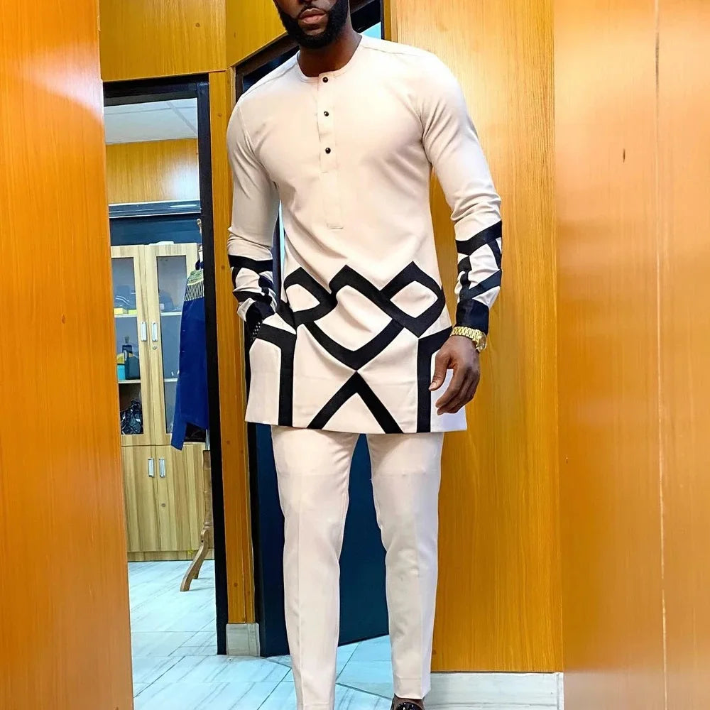 Wedding Suit For Men White Embroidered Pocket Top Pants Ensemble Homme African Traditional Casual Wear 2Pcs Sets Kaftan Outfits - Ellianto fashion Men's