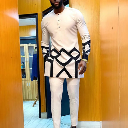 Wedding Suit For Men White Embroidered Pocket Top Pants Ensemble Homme African Traditional Casual Wear 2Pcs Sets Kaftan Outfits - Ellianto fashion Men's