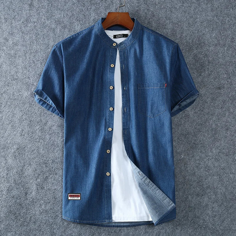 Men's Blue Denim Shirts Short Sleeve Jean Shirts New Summer High Quality Men Cotton Light Blue Denim Shirts Plus size L-8XL - Ellianto fashion Men's