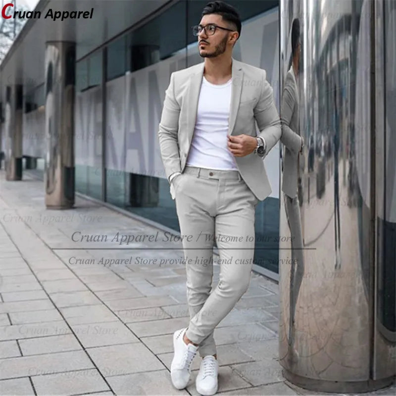 Custom Made Fashion Fuchsia Suit Men Set New Party Wedding Groom Suit Slim Fit Streetwear Casual Beige Classic Jacket Pants 2Pcs - Ellianto fashion Men's