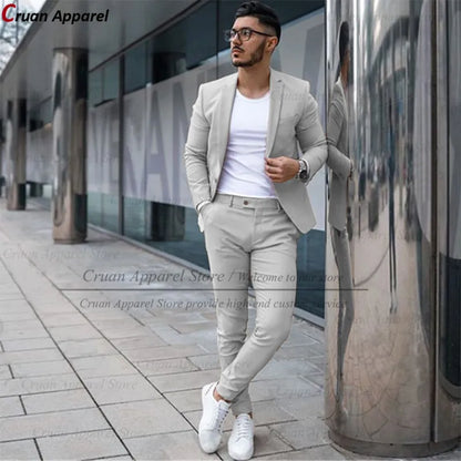 Custom Made Fashion Fuchsia Suit Men Set New Party Wedding Groom Suit Slim Fit Streetwear Casual Beige Classic Jacket Pants 2Pcs - Ellianto fashion Men's