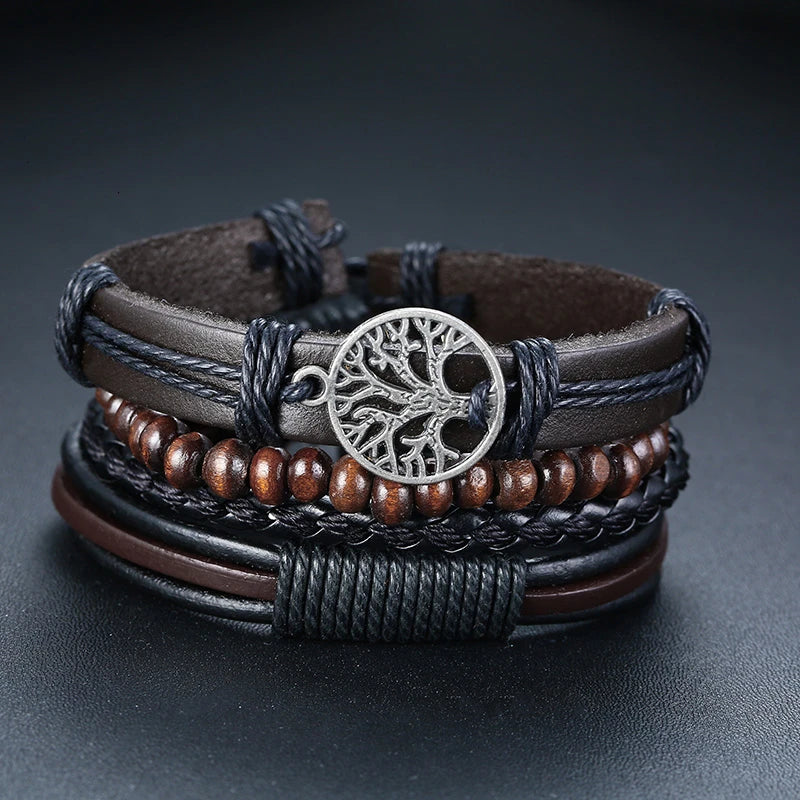 HER KING BROWN LEATHER SURF BRACELET FOR MEN WOMEN LAYERING STACK BOHO WRAP WRISTBAND 4PCS/SET - Ellianto fashion Men's