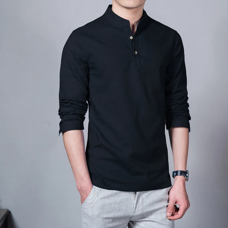 Men's Clothing Men Spring Tops & Tees Male Fashion T-Shirts Stand Collar Long-sleeved Slim Base Shirt Homme Linen t-shirt - Ellianto fashion Men's
