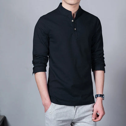 Men's Clothing Men Spring Tops & Tees Male Fashion T-Shirts Stand Collar Long-sleeved Slim Base Shirt Homme Linen t-shirt - Ellianto fashion Men's