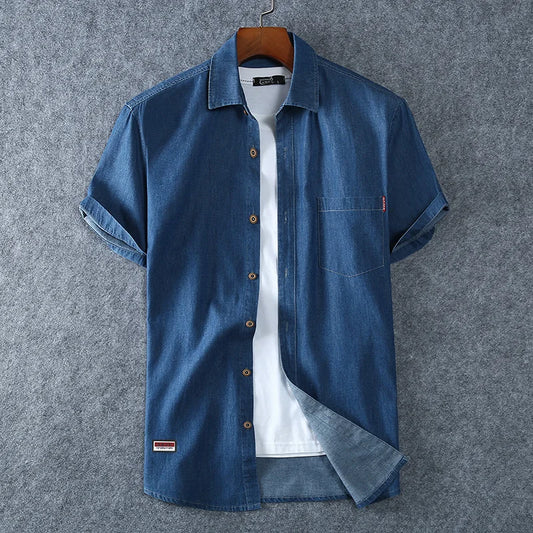 Men's Blue Denim Shirts Short Sleeve Jean Shirts New Summer High Quality Men Cotton Light Blue Denim Shirts Plus size L-8XL - Ellianto fashion Men's