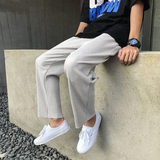Summer Pleated Straight Pants – Lightweight Ice Silk Comfort and Effortless Japanese Streetwear Style for the Modern Gentleman