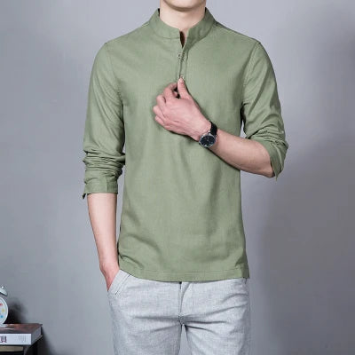 Men's Clothing Men Spring Tops & Tees Male Fashion T-Shirts Stand Collar Long-sleeved Slim Base Shirt Homme Linen t-shirt - Ellianto fashion Men's