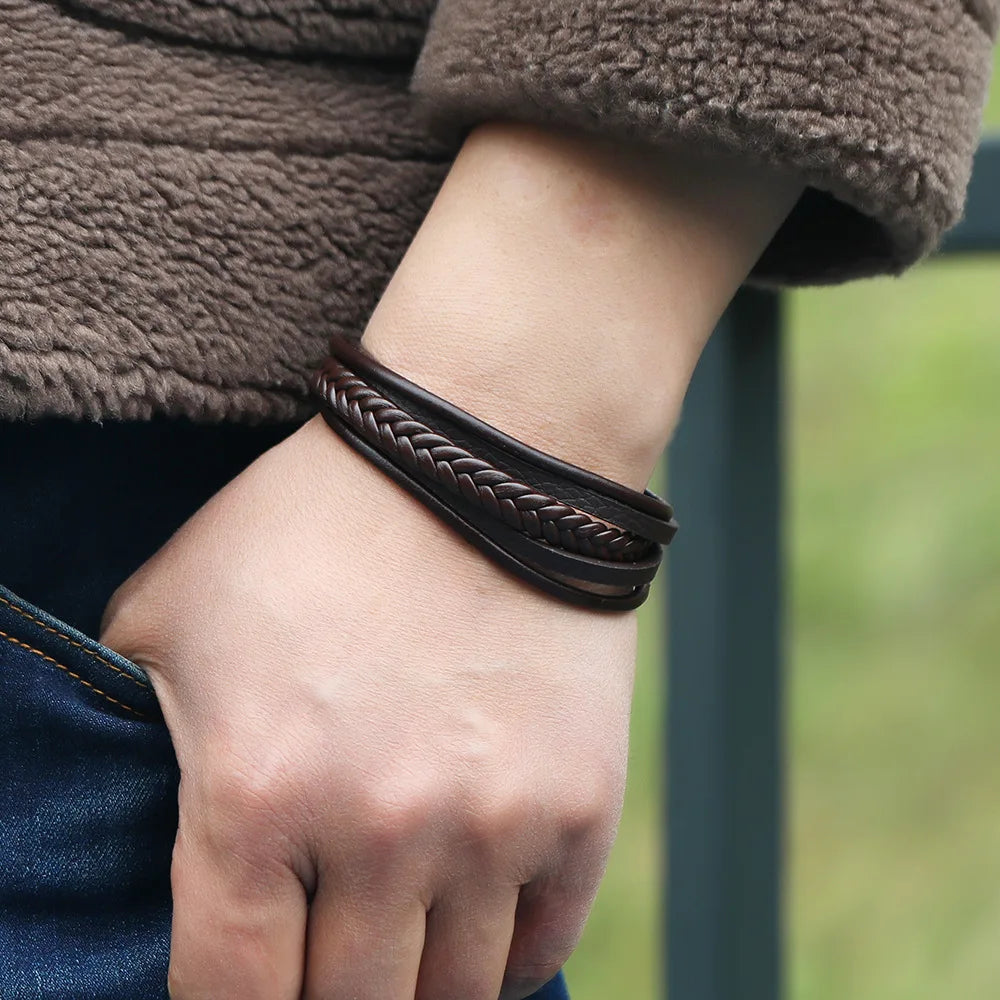 Genuine Leather Bracelet for Men Simple OL Style Man Bracelet Bangle Alloy Magnetic Clasp Wristband Hand Jewelry Bracelet Homme - Ellianto fashion Men's