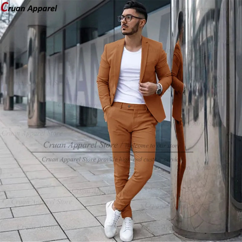 Custom Made Fashion Fuchsia Suit Men Set New Party Wedding Groom Suit Slim Fit Streetwear Casual Beige Classic Jacket Pants 2Pcs - Ellianto fashion Men's