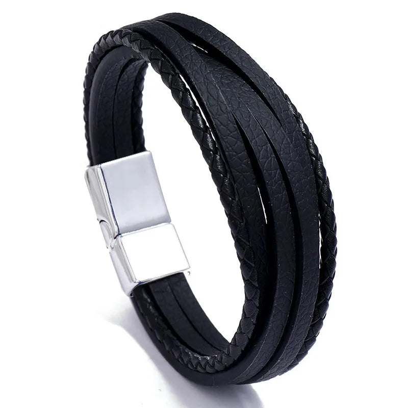 Genuine Leather Bracelet for Men Simple OL Style Man Bracelet Bangle Alloy Magnetic Clasp Wristband Hand Jewelry Bracelet Homme - Ellianto fashion Men's