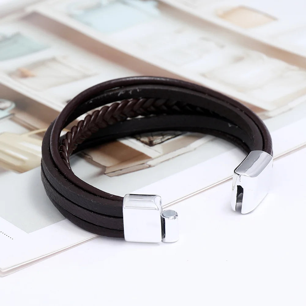 Genuine Leather Bracelet for Men Simple OL Style Man Bracelet Bangle Alloy Magnetic Clasp Wristband Hand Jewelry Bracelet Homme - Ellianto fashion Men's