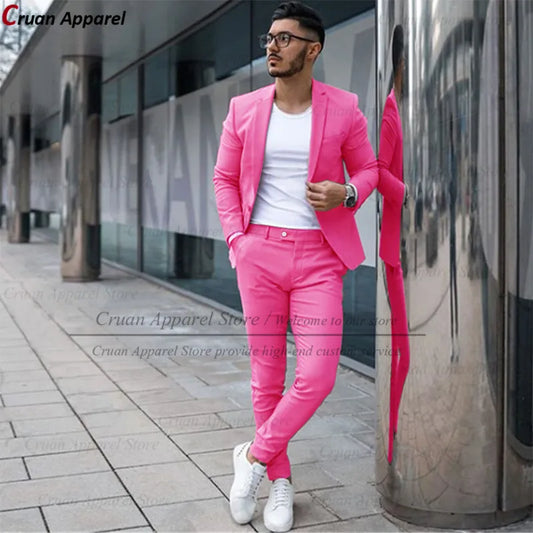 Custom Made Fashion Fuchsia Suit Men Set New Party Wedding Groom Suit Slim Fit Streetwear Casual Beige Classic Jacket Pants 2Pcs - Ellianto fashion Men's