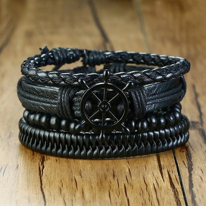 HER KING BROWN LEATHER SURF BRACELET FOR MEN WOMEN LAYERING STACK BOHO WRAP WRISTBAND 4PCS/SET - Ellianto fashion Men's