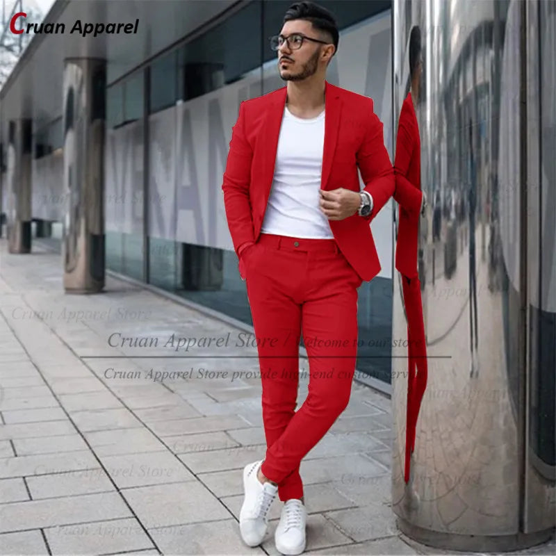 Custom Made Fashion Fuchsia Suit Men Set New Party Wedding Groom Suit Slim Fit Streetwear Casual Beige Classic Jacket Pants 2Pcs - Ellianto fashion Men's